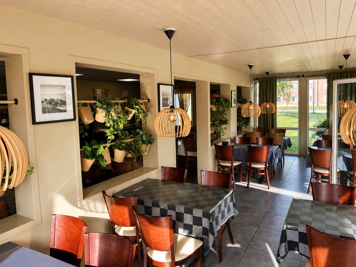 Mysig interiör hos Sandvikens Pizzeria med dukade bord och varm belysning