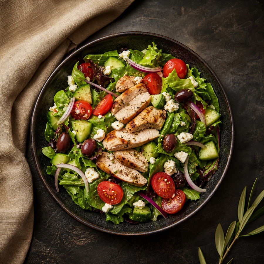 Fräsch sallad med grillad kyckling, fetaost och grönsaker